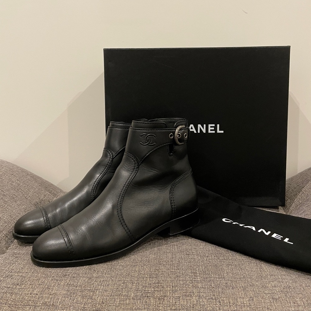 Chanel Lambskin Leather Ankle Boots with Buckle
